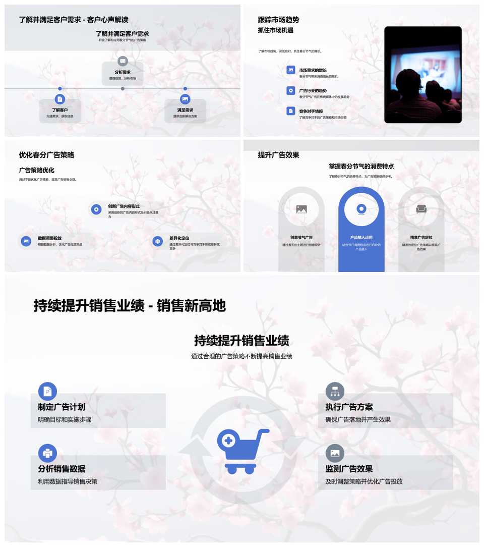 春分樱花广告策略传统媒体消费植入优化销售活动PPT模板