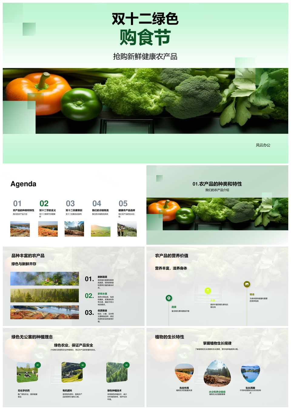 双十二绿色购食节鲜农产品满减优惠冷链直达PPT模板