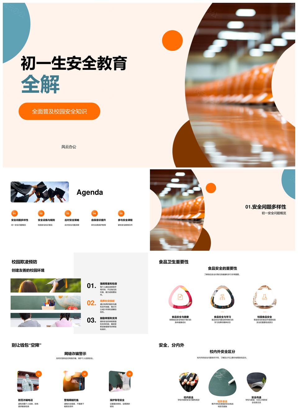 初一生校园人身食品网络安全教育家校合作头盔PPT模板