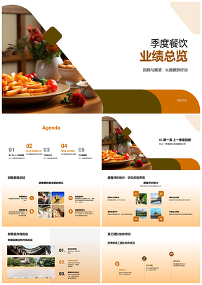 季度餐饮业绩总览销售顾客反馈新品市场团队服务活动饼图PPT模板