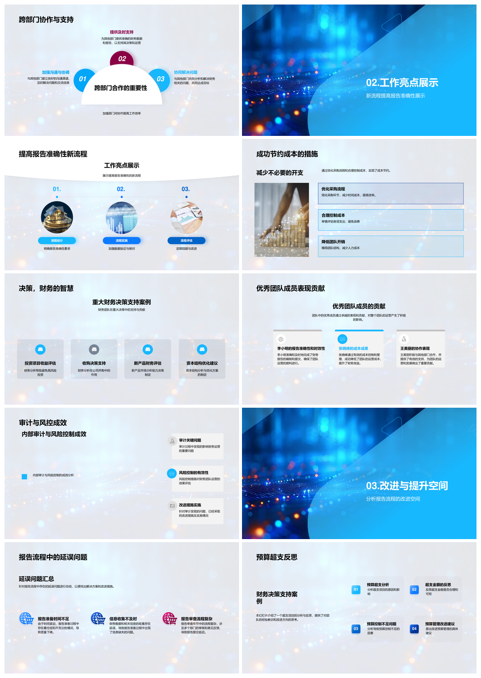 财务团队月度运营任务回顾改进措施跨部门协作优秀成员预算超支汇报PPT模板