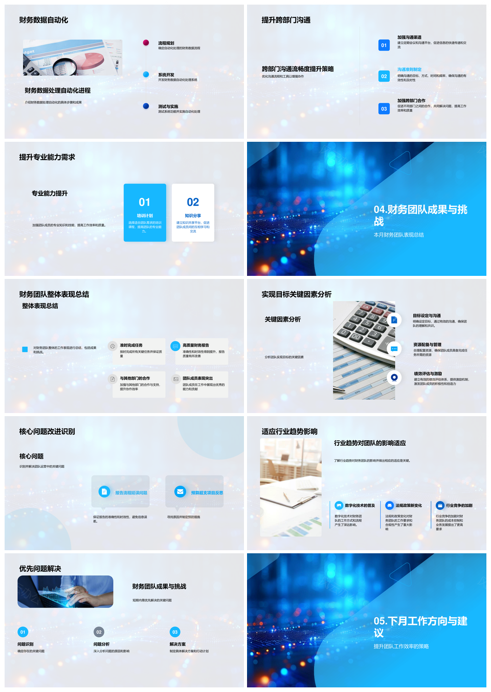 财务团队月度运营任务回顾改进措施跨部门协作优秀成员预算超支汇报PPT模板