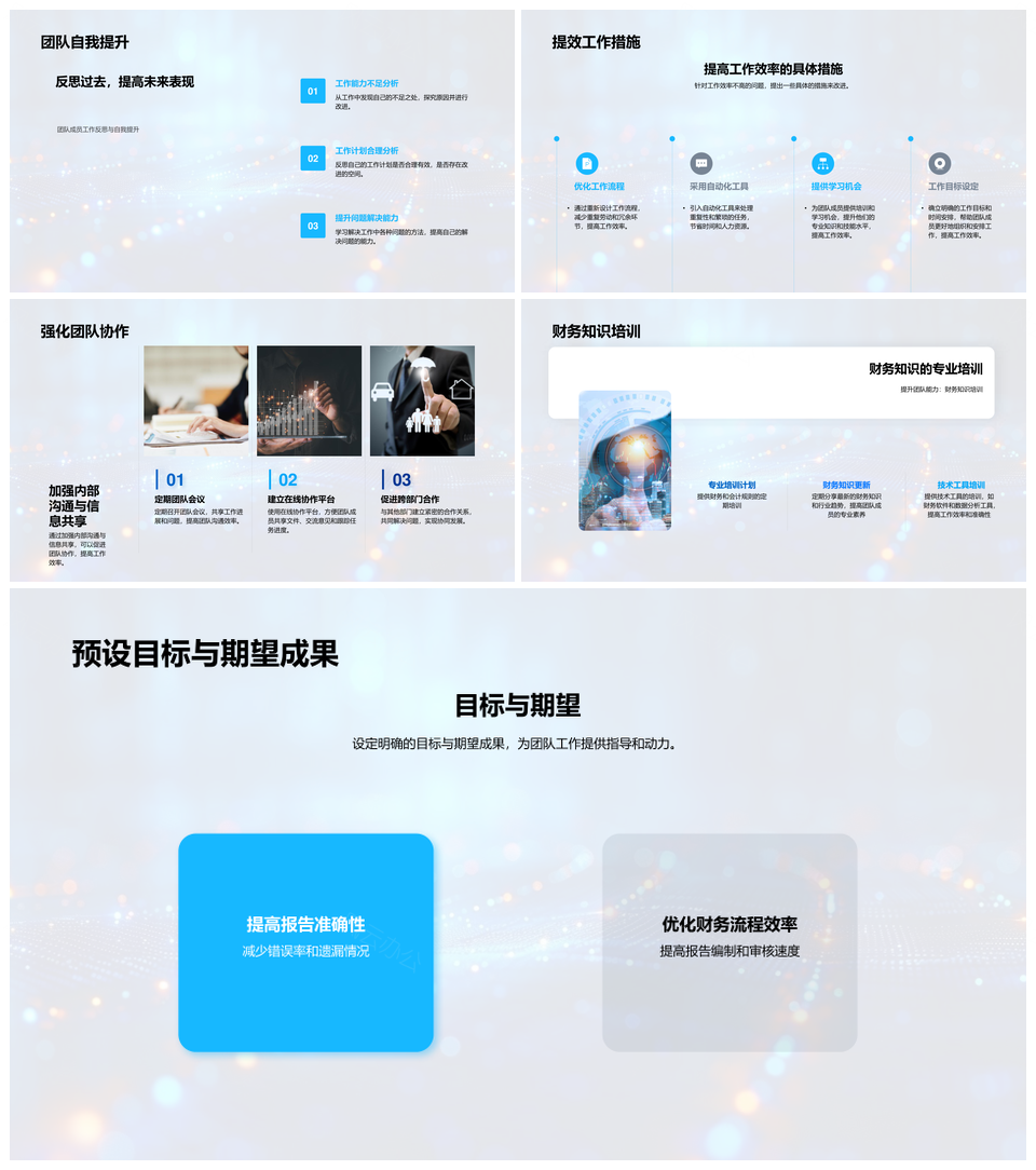 财务团队月度运营任务回顾改进措施跨部门协作优秀成员预算超支汇报PPT模板