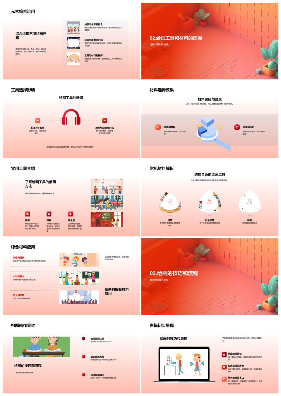 小学美术绘画元素工具材料技巧教学PPT模板