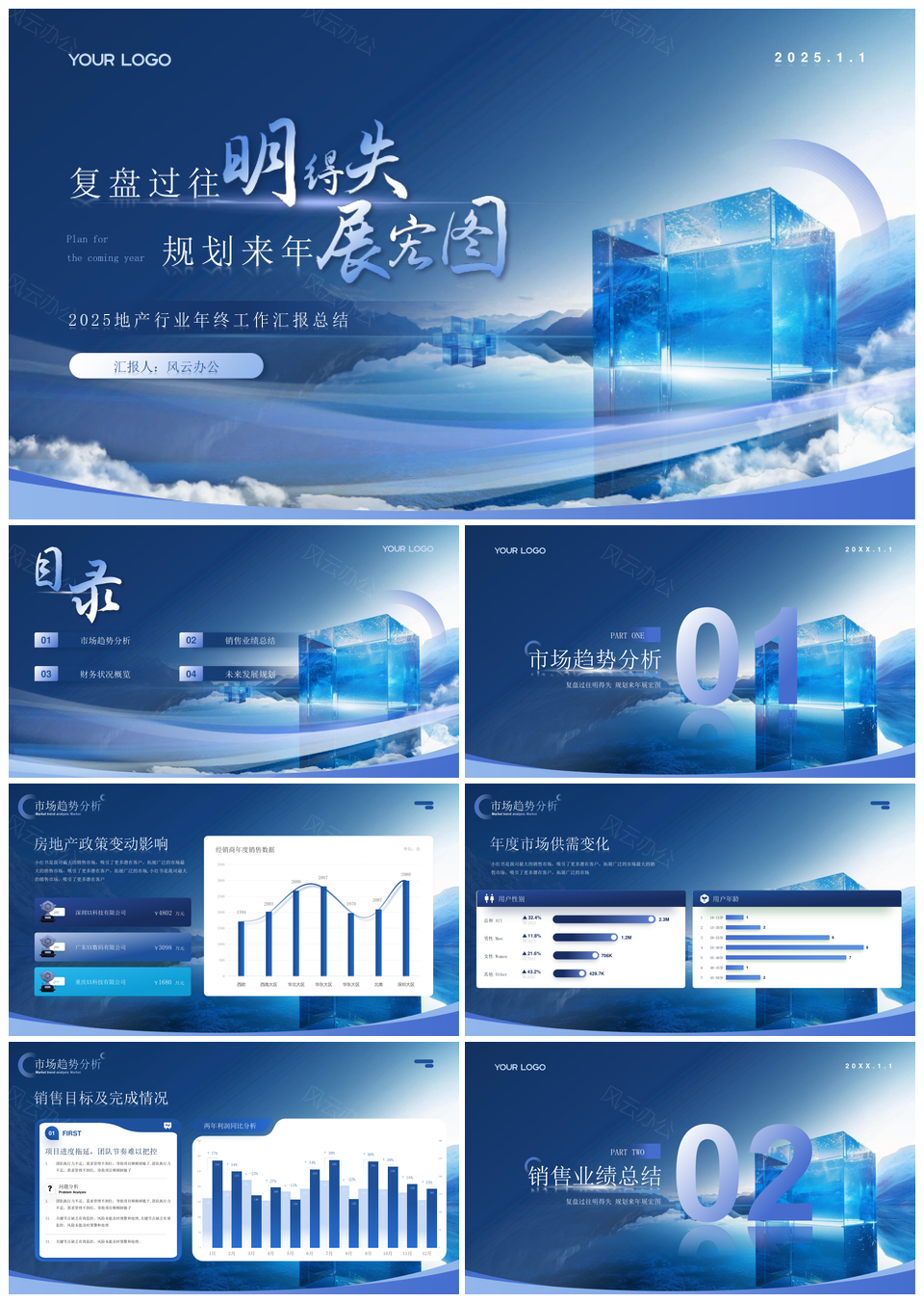 2025蓝色简约地产商务年终总结工作汇报PPT模板