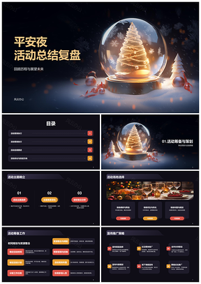 黑黄商务平安夜雪地圣诞树水晶球总结复盘PPT模板