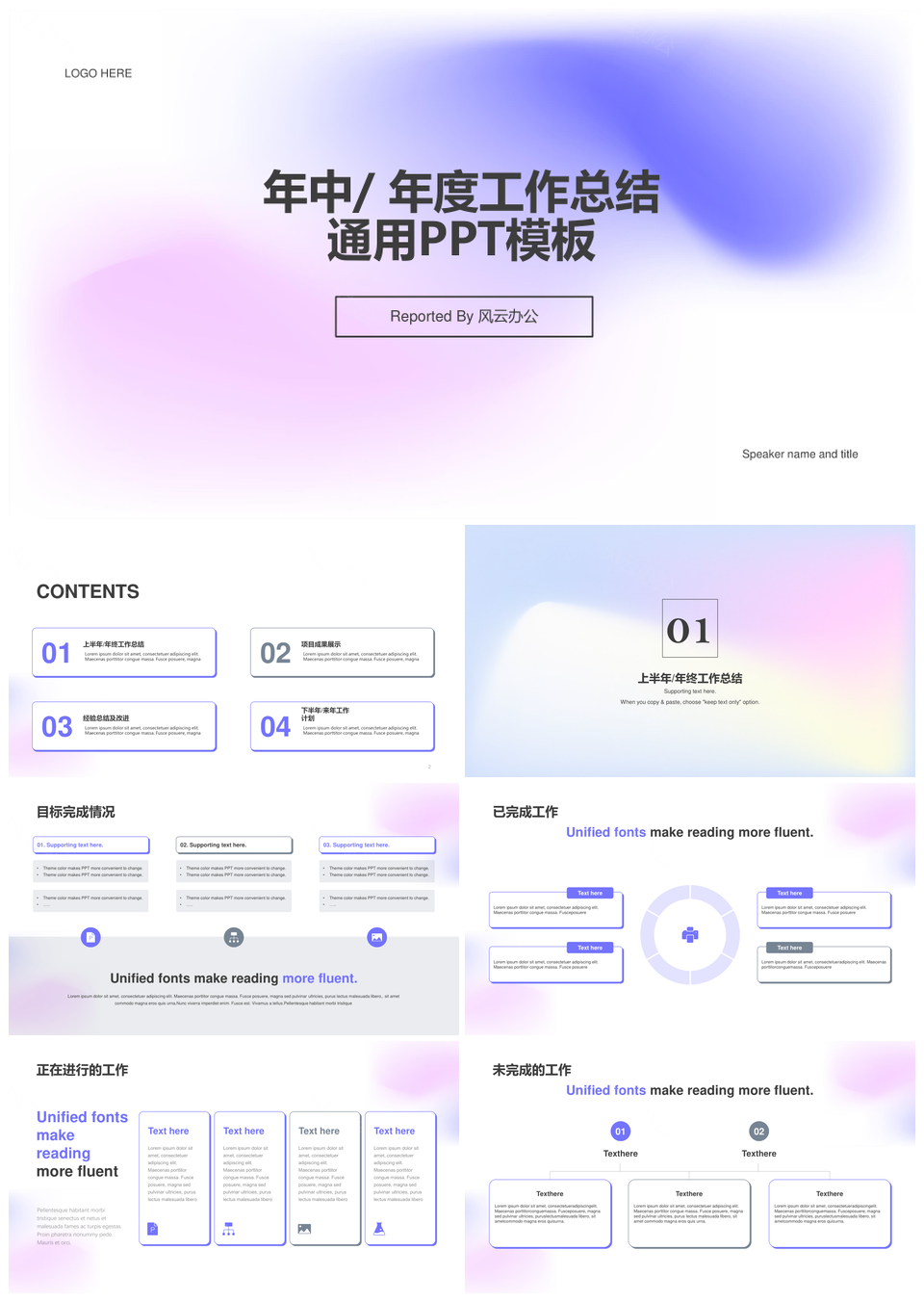 紫色简约渐变年度工作总结PPT模板