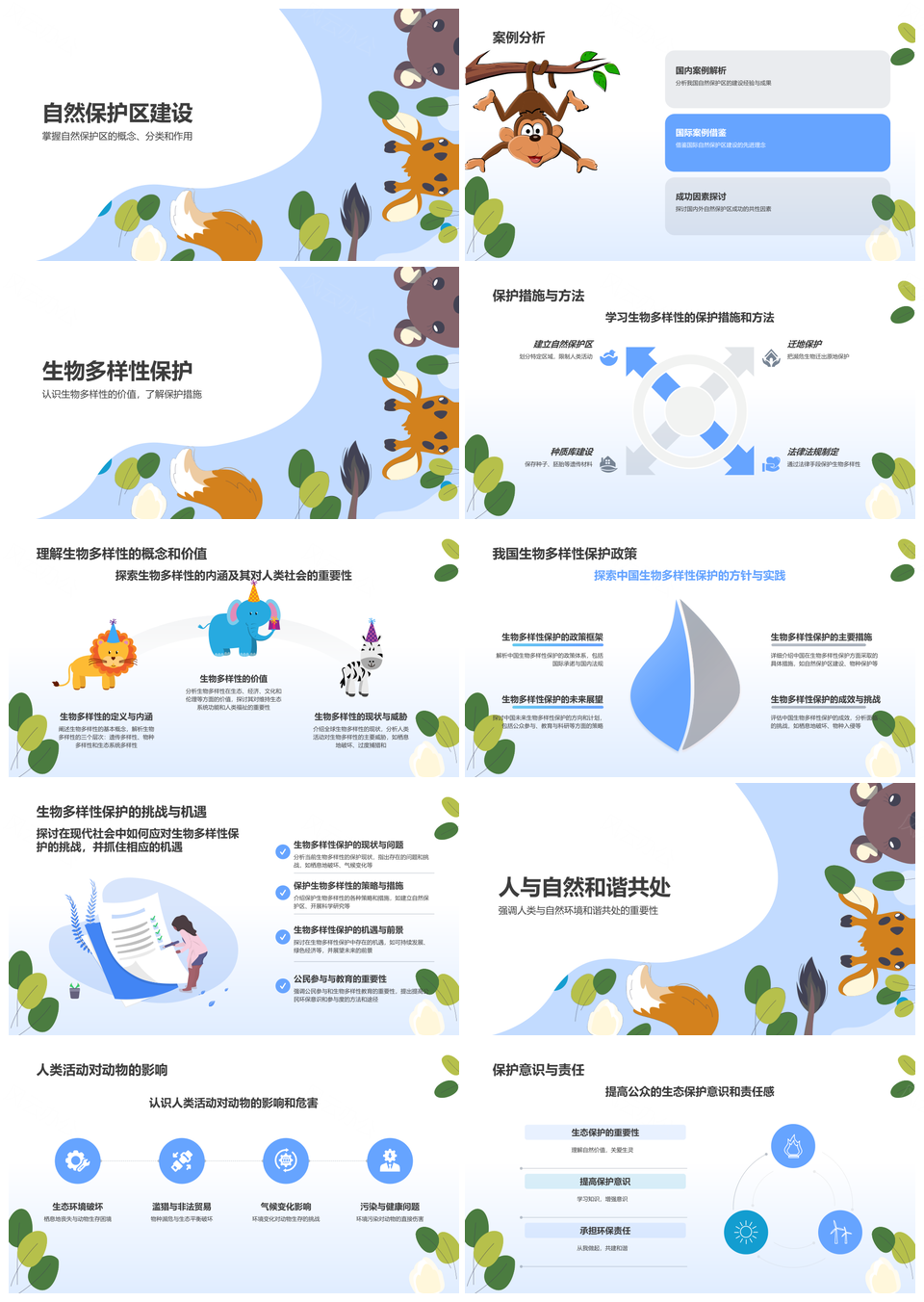 动物保护科普自然和谐蓝色卡通插画PPT模板