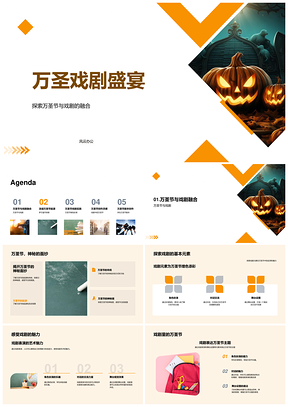 万圣戏剧教学融合萨尔温节角色舞台南瓜灯创想PPT模板