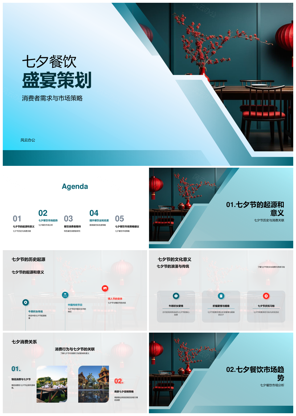 七夕餐饮市场策略特色菜品灯笼体验社交推广PPT模板