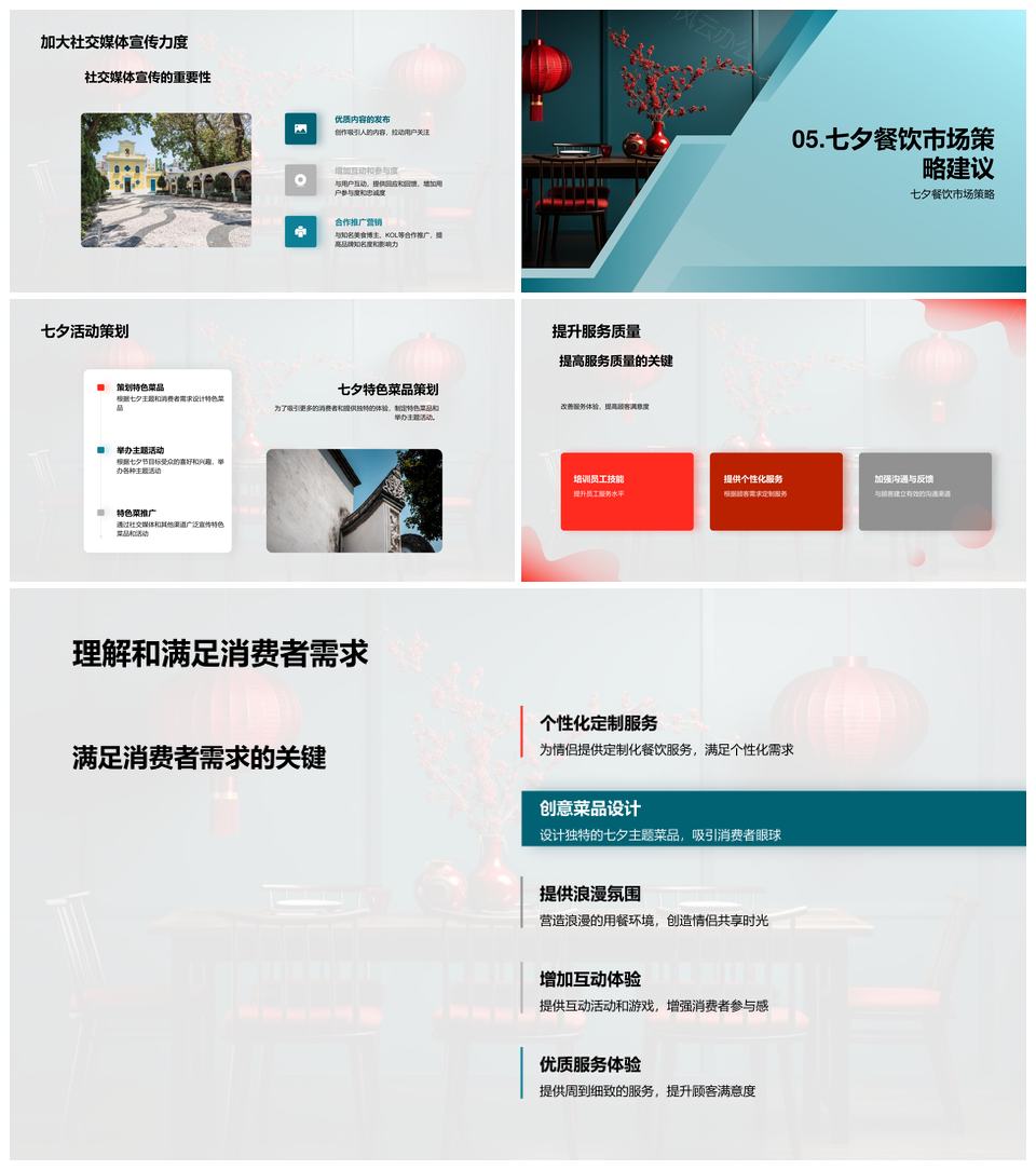 七夕餐饮市场策略特色菜品灯笼体验社交推广PPT模板
