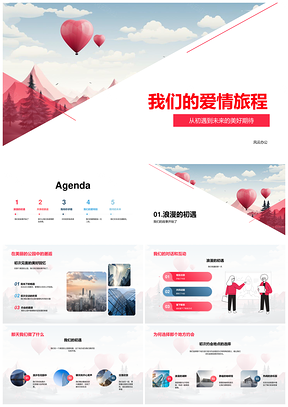 爱情旅程初遇约会旅行求婚心形气球新婚未来PPT模板