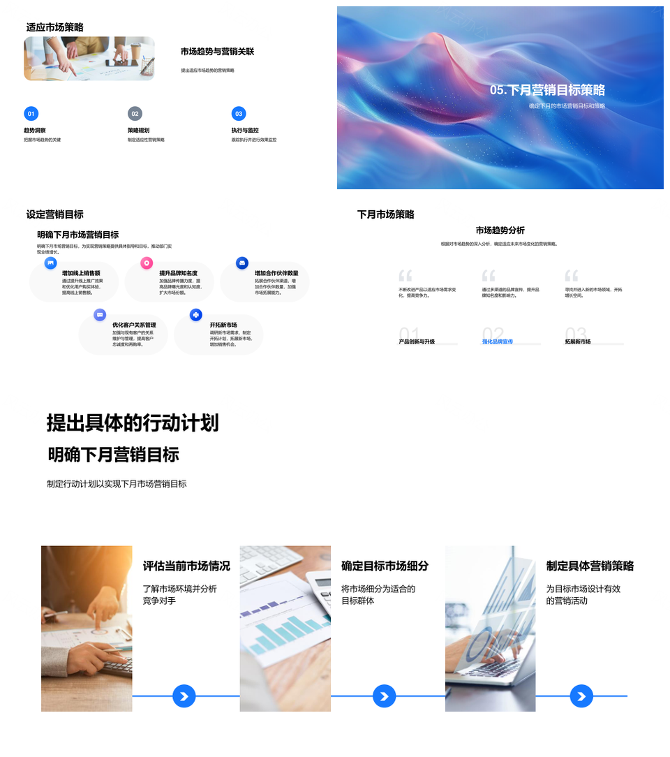 营销月报市场环境活动成效趋势策略分析PPT模板