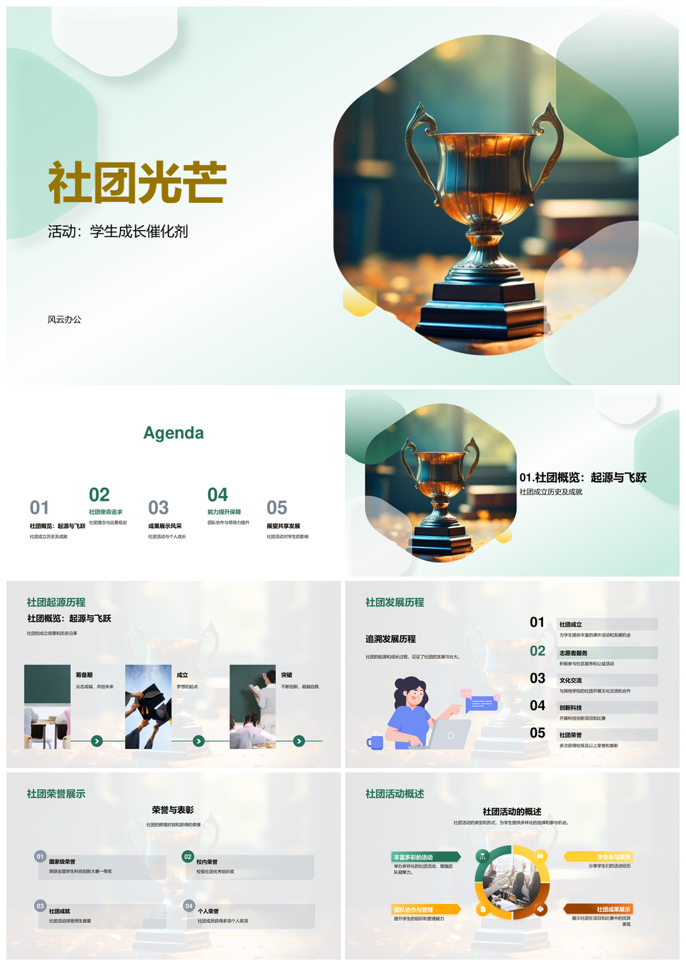 社团历程闪耀奖杯育才成长协作领航PPT模板