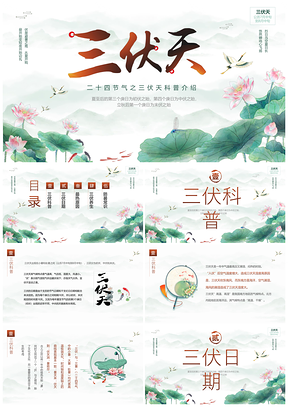 绿色中国风水墨荷花二十四节气三伏天中医艾灸养生PPT模板
