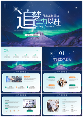 2025蓝绿极光实拍风月度工作述职汇报总结PPT模板