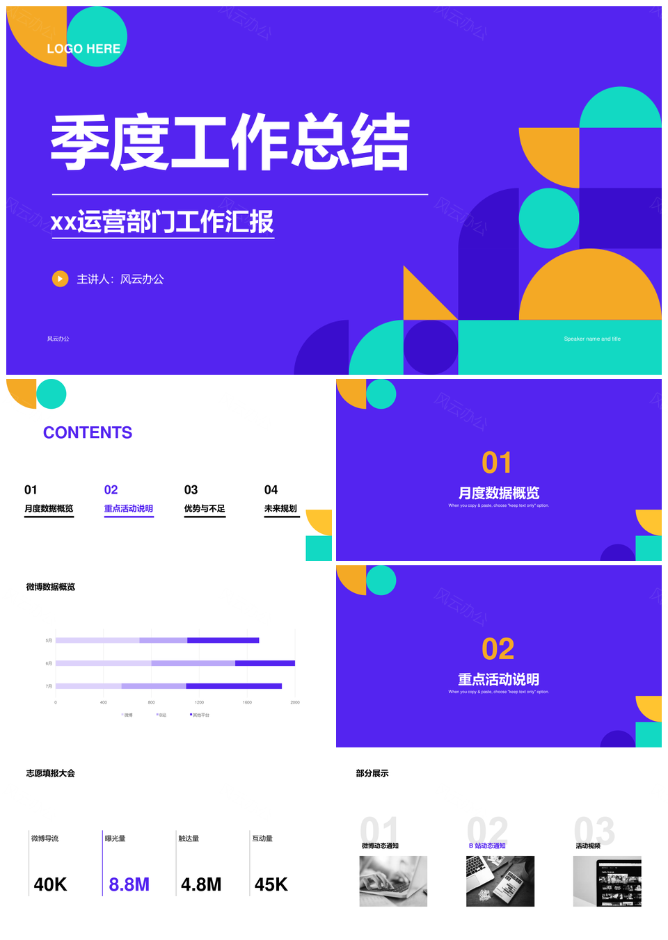 蓝色简约企业多色成长复盘总结报告PPT模板