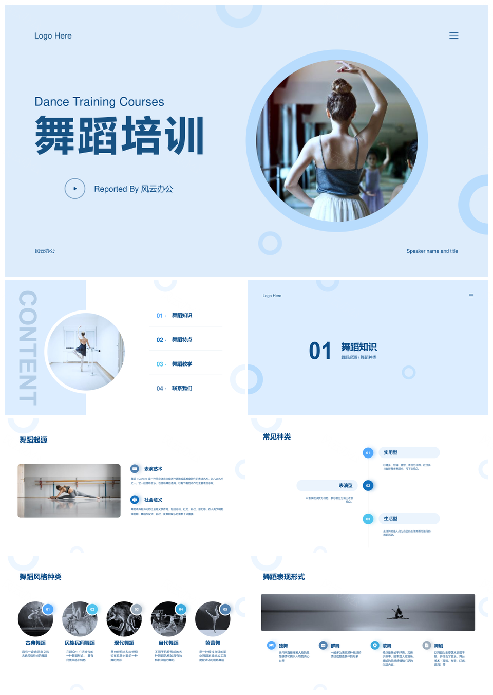 蓝色简约商务环形多舞种舞蹈培训PPT模板