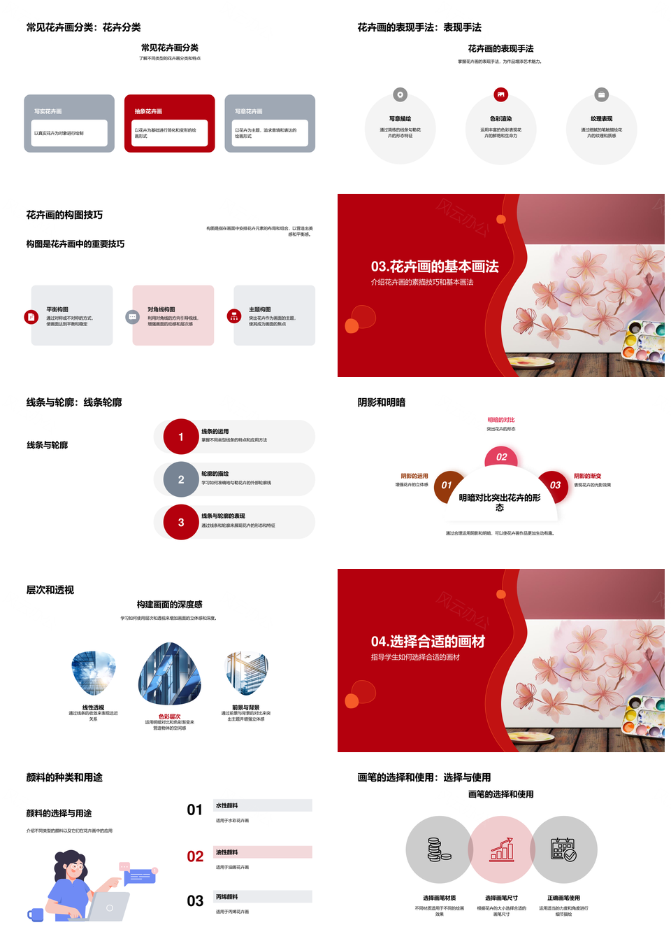 大学专科花卉画艺术教学技法课件教师学生画笔价值PPT模板