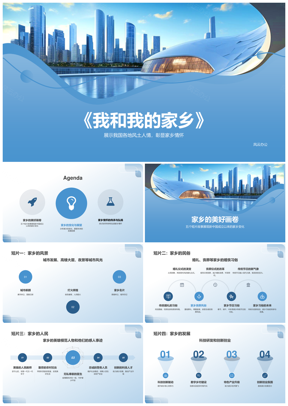 家乡都市蓝渐变城市天际线PPT模板