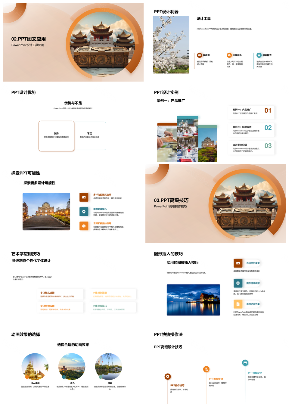 旅游行业PPT视觉图文设计技巧古建案例动画艺术字