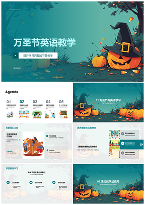 万圣节英语课堂节日元素角色扮演猜谜教学PPT模板