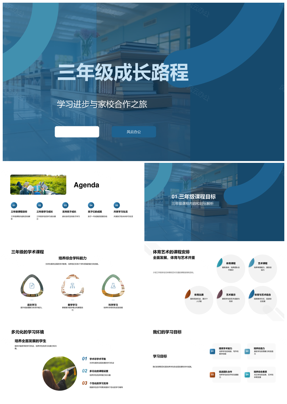 三年级成长家校共育多元学术艺体发展PPT模板