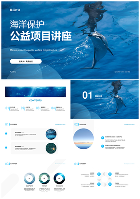 蓝色海洋生物与海豚保护公益讲座PPT模板