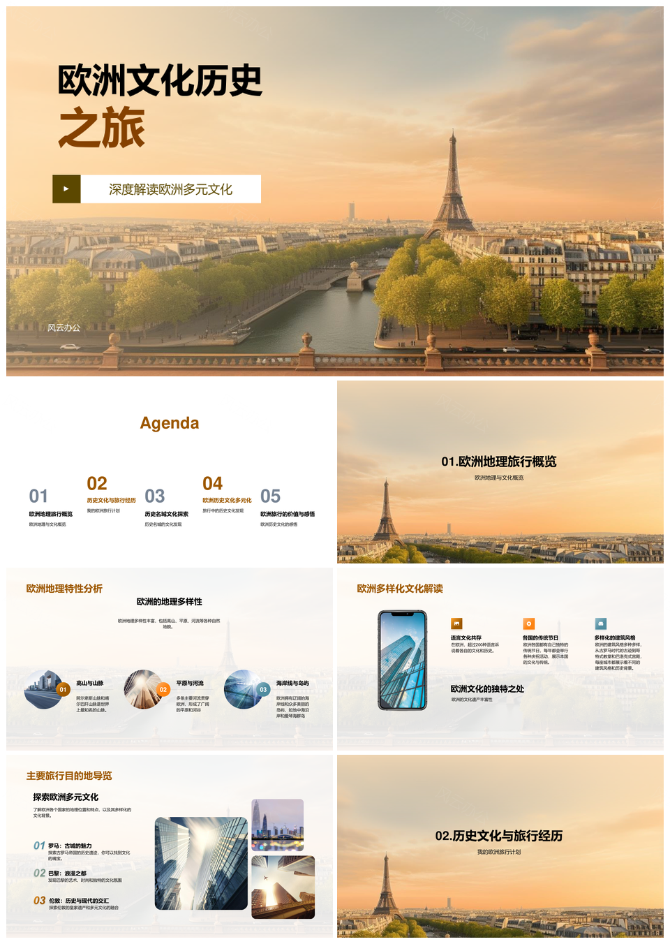 欧洲多元文化历史名城罗马巴黎伦敦指南分享PPT模板