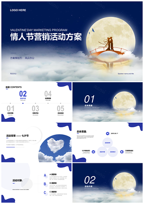 蓝白黄七夕鹊桥云海星月情侣营销PPT模板