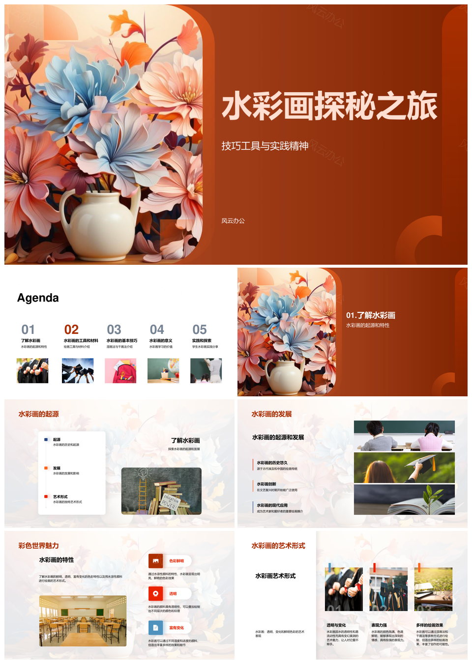 水彩画技法工具起源干湿调色材料套装实践精神PPT模板
