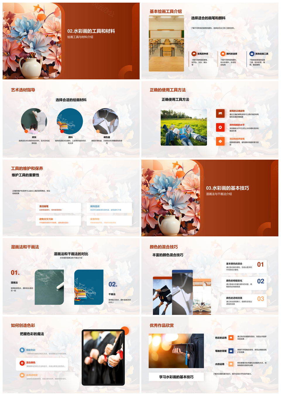 水彩画技法工具起源干湿调色材料套装实践精神PPT模板