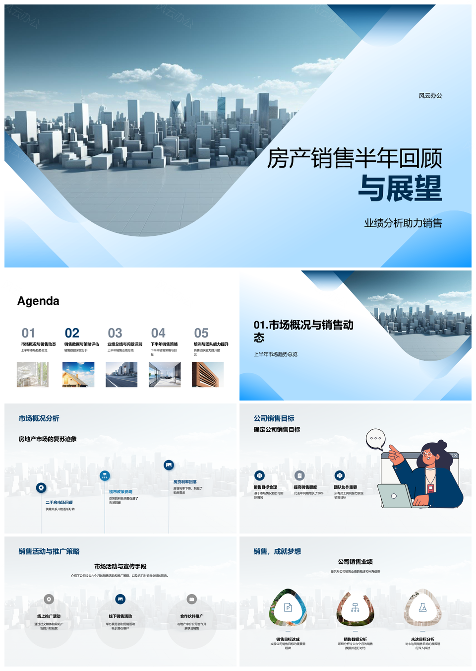 房产销售半年业绩市场趋势策略评估摩天大楼PPT模板