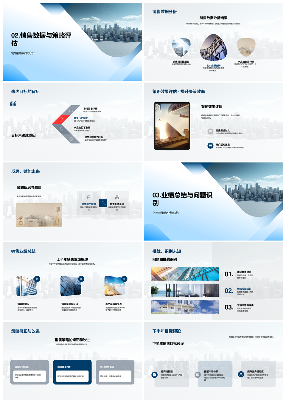 房产销售半年业绩市场趋势策略评估摩天大楼PPT模板