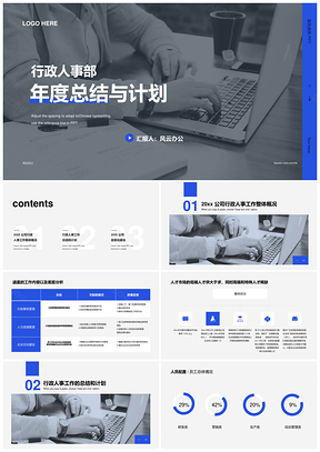 2025企业行政人事年度工作总结汇报蓝色灰色PPT模板