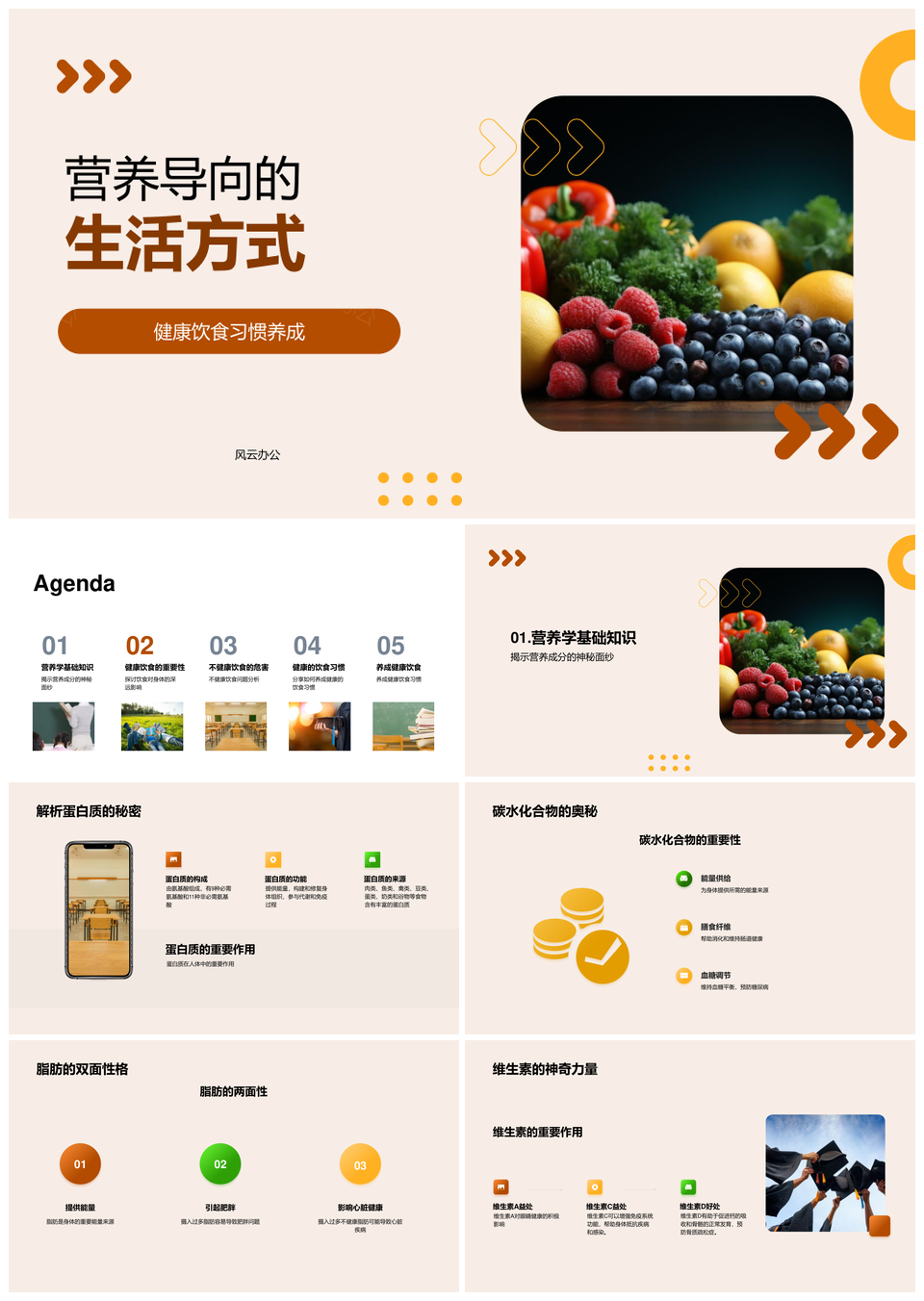 营养导向健康饮食蛋白质碳水脂肪维生素果蔬养成PPT模板