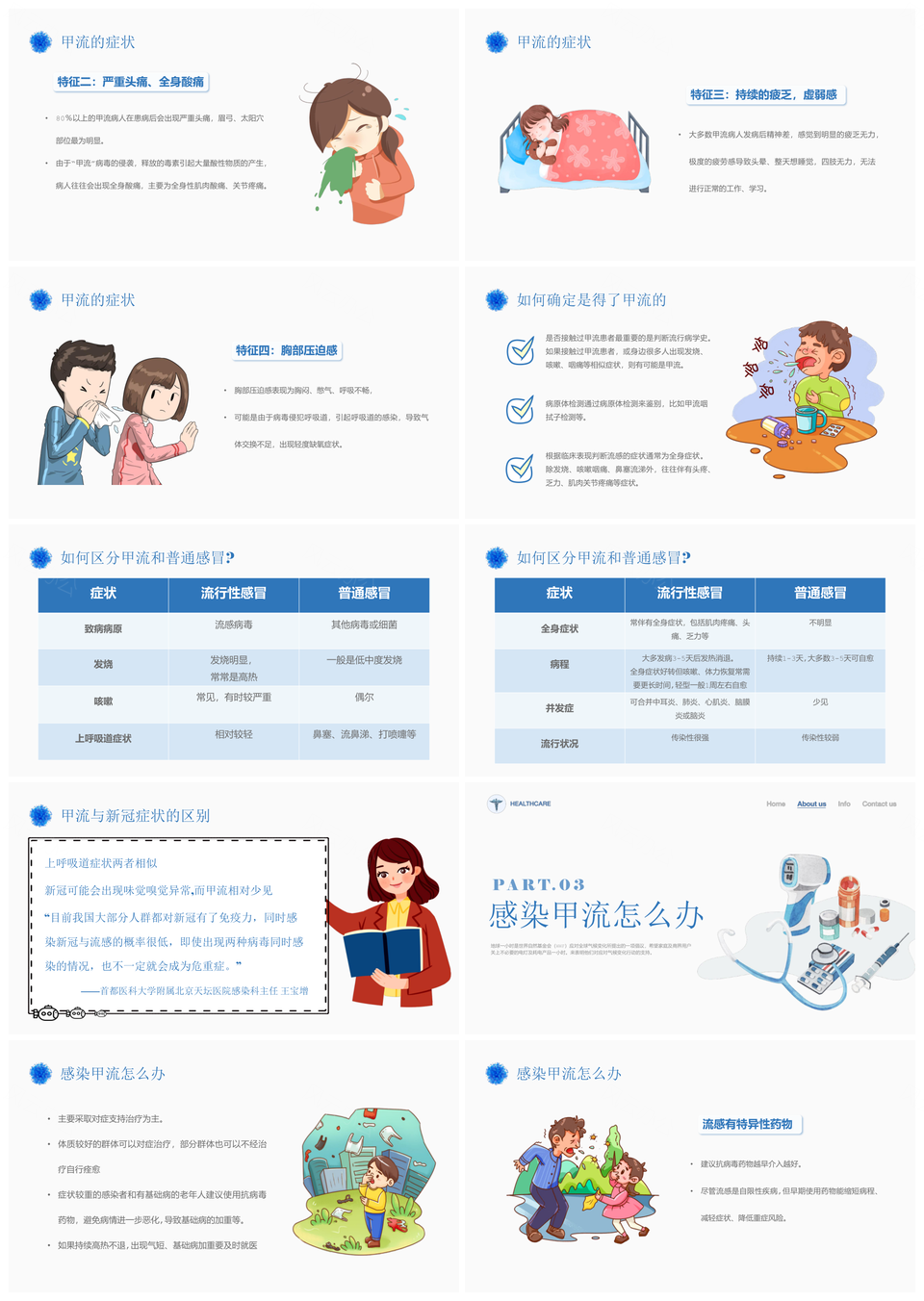 蓝色手绘健康班会预防甲流知识科普讲座PPT模板