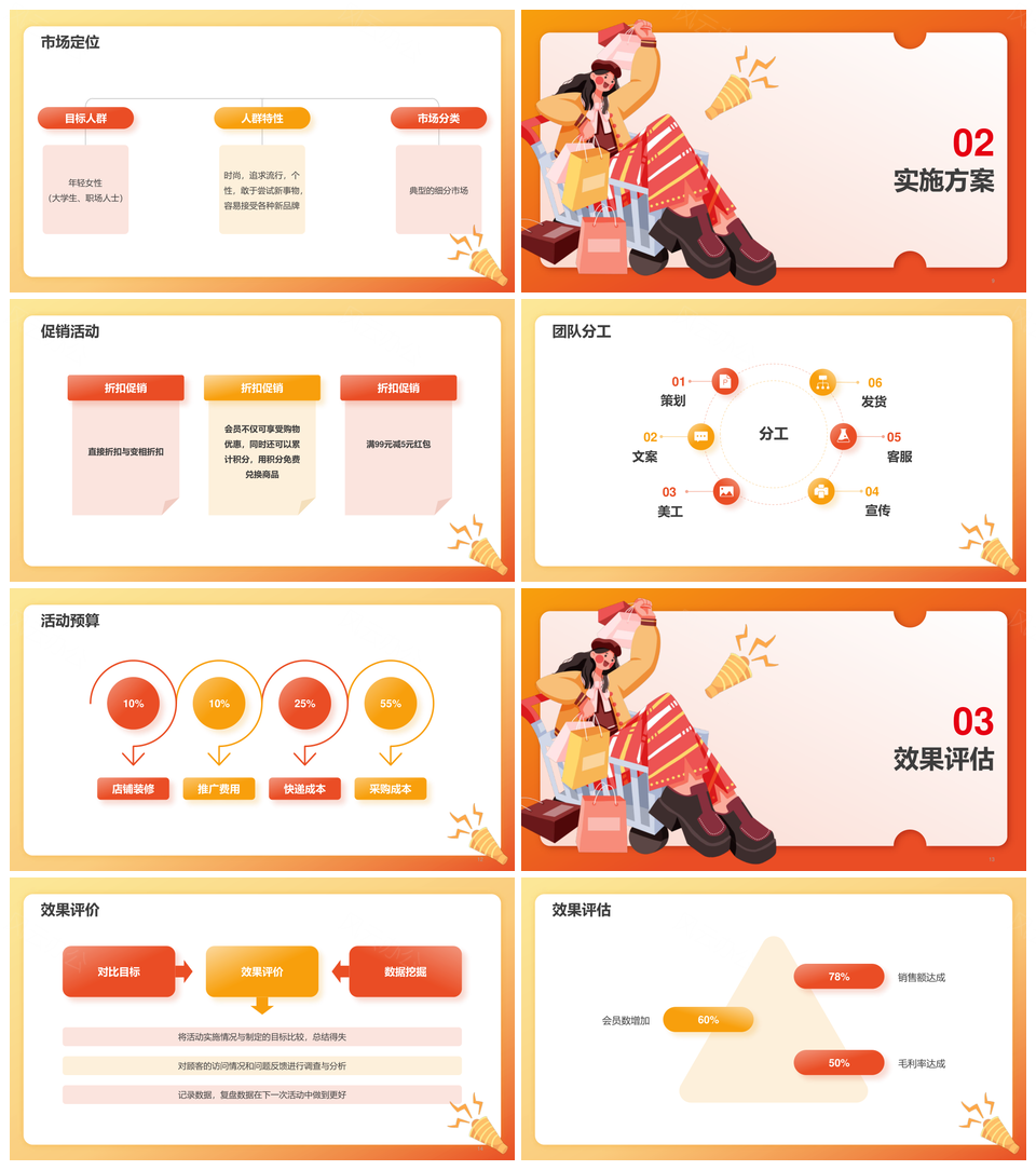 2025橙色插画618年中大促市场营销PPT模板