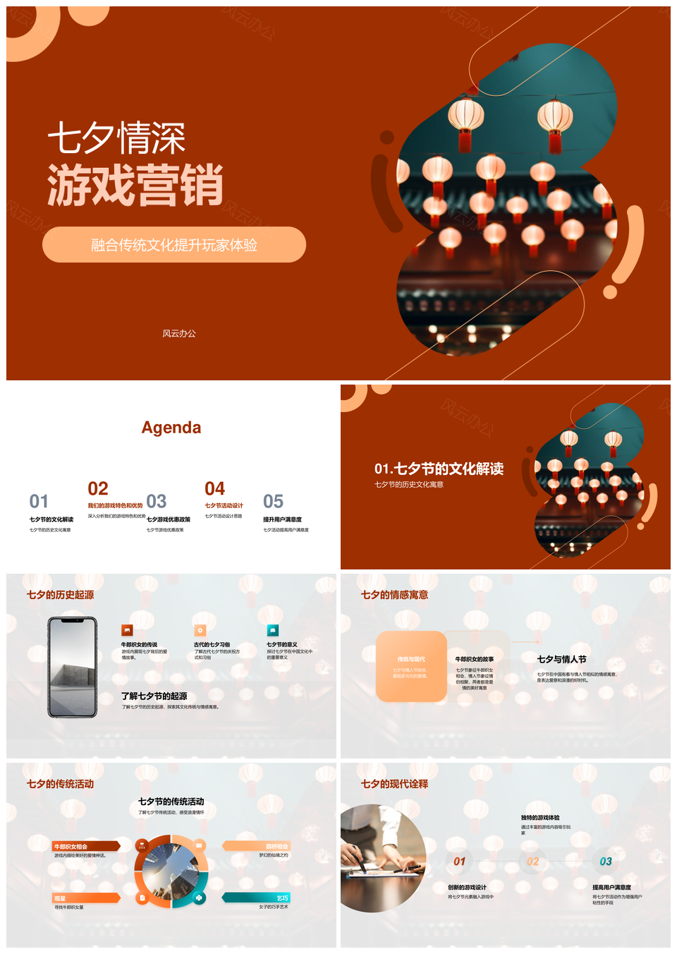 七夕游戏传统文化玩家体验优惠活动灯笼社区PPT模板
