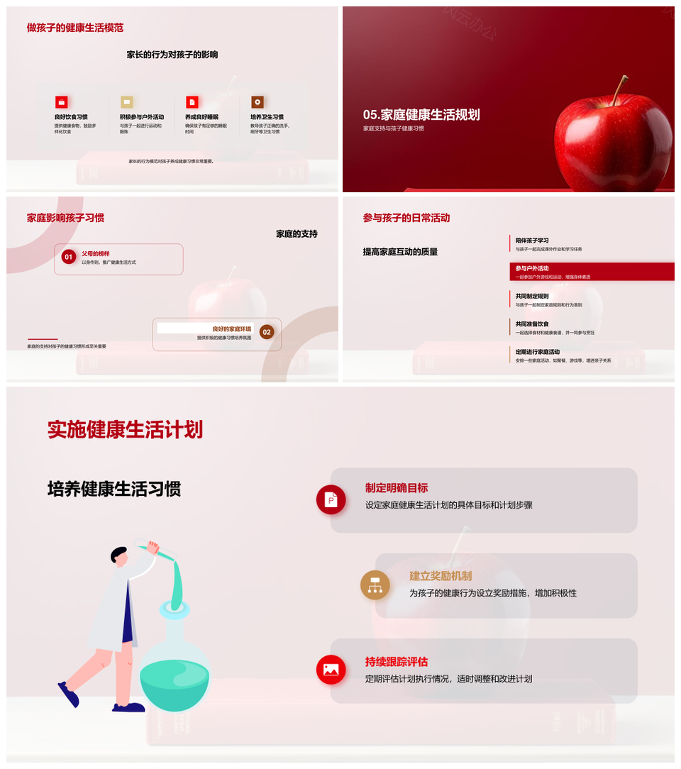 家庭健康导师家长会教儿童作息睡眠家务苹果PPT模板
