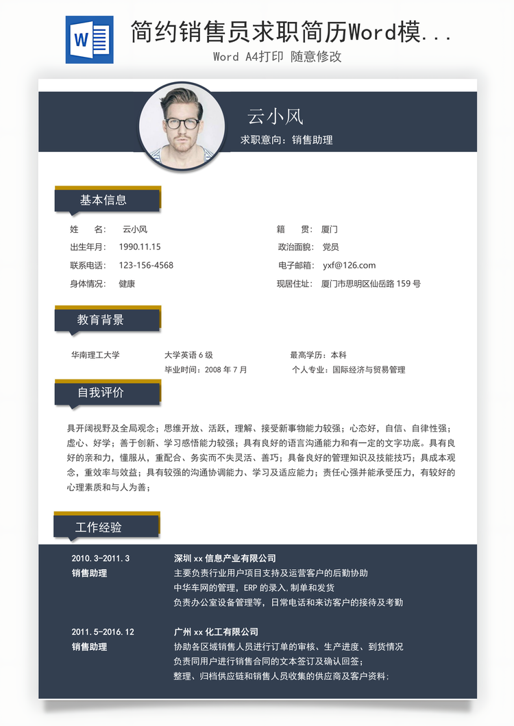 简约销售员求职简历Word模板
