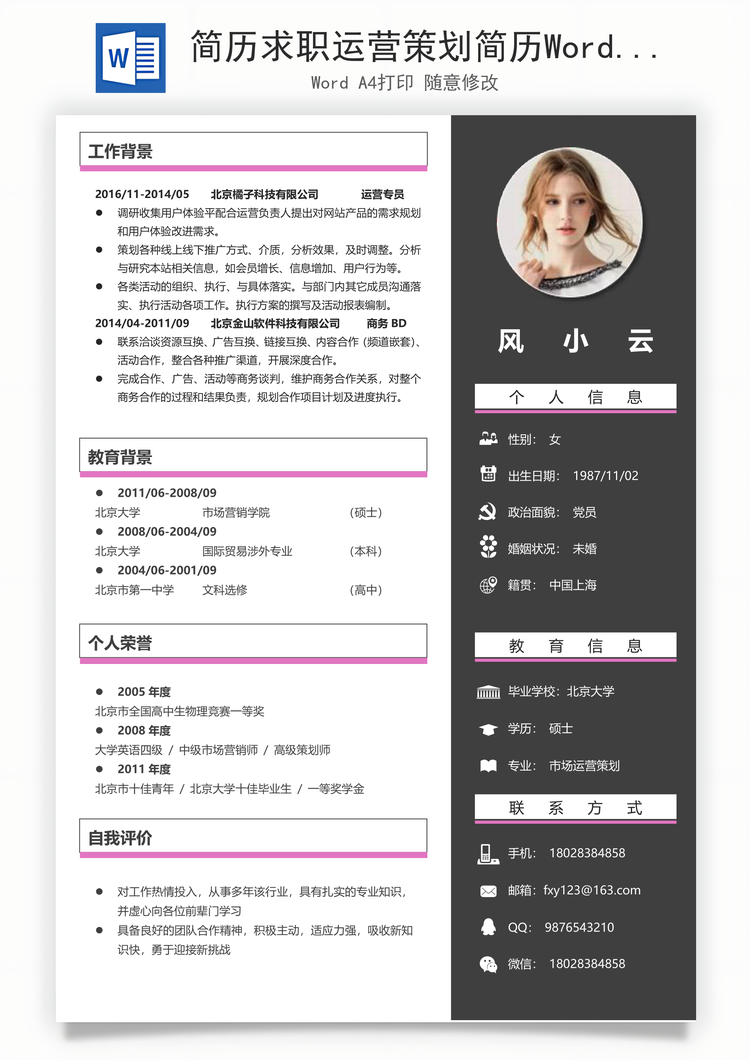 简历求职运营策划简历Word模板