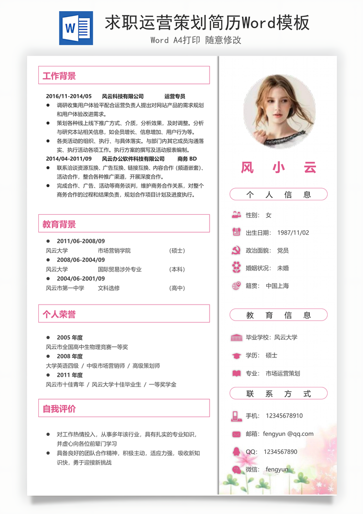求职运营策划简历Word模板