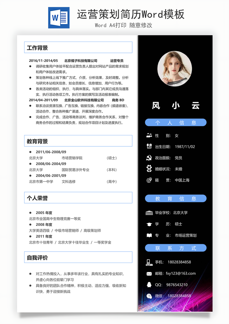 运营策划简历Word模板