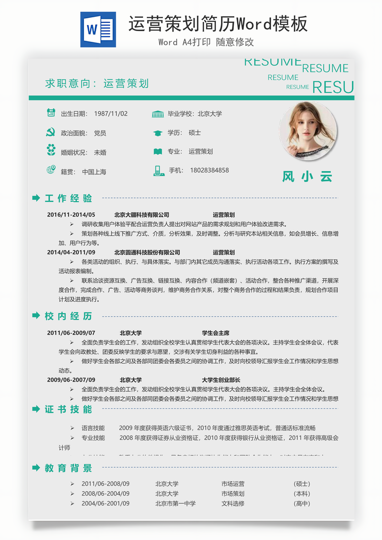运营策划简历Word模板