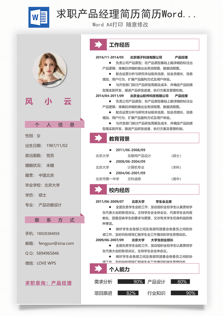 求职产品经理简历简历Word模板