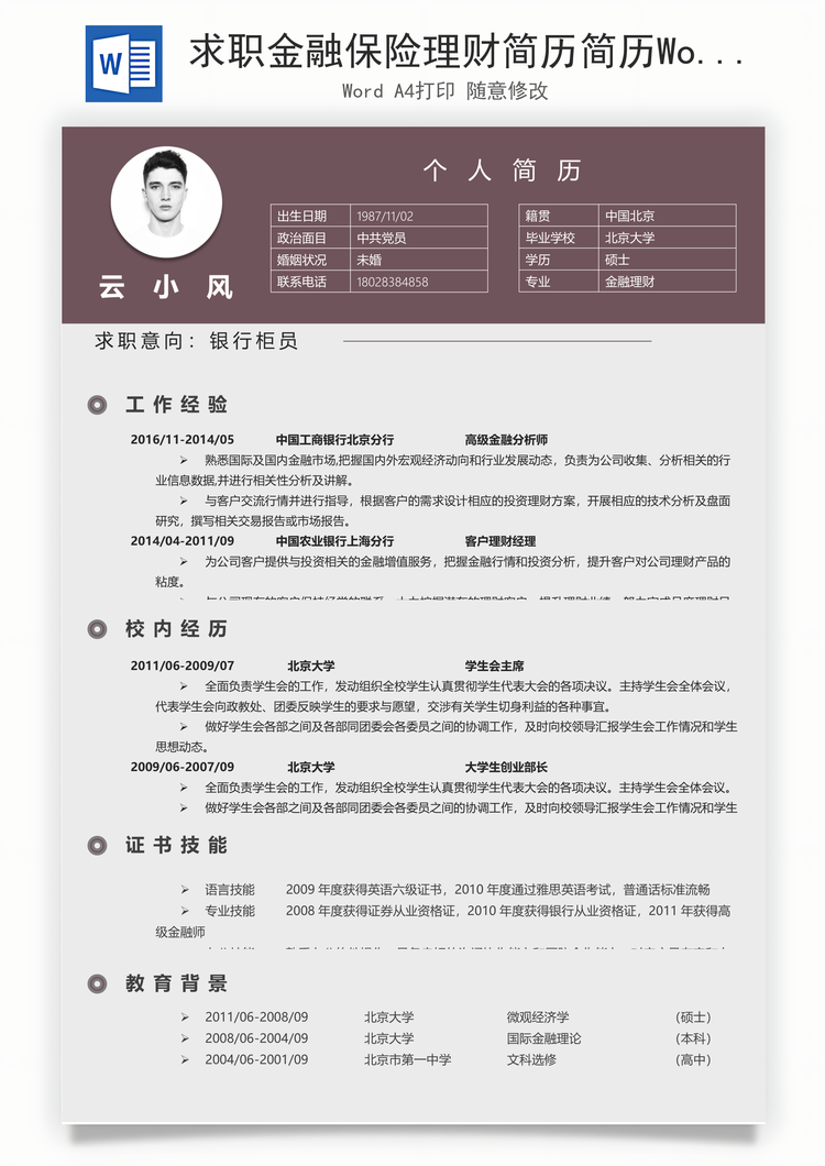 求职金融保险理财简历简历Word模板