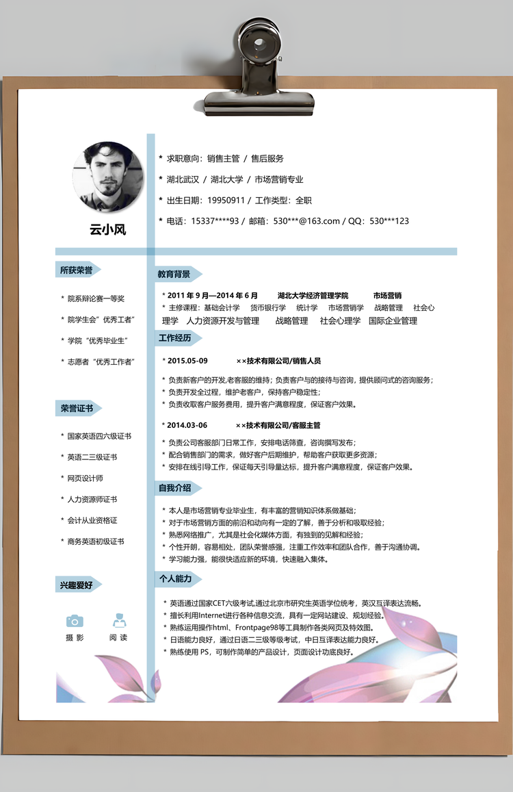 清新唯美创意个人求职简历Word模板