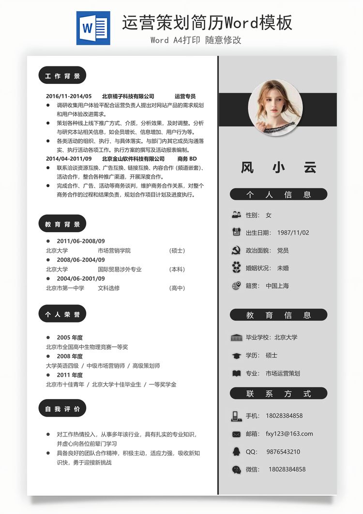 运营策划简历Word模板