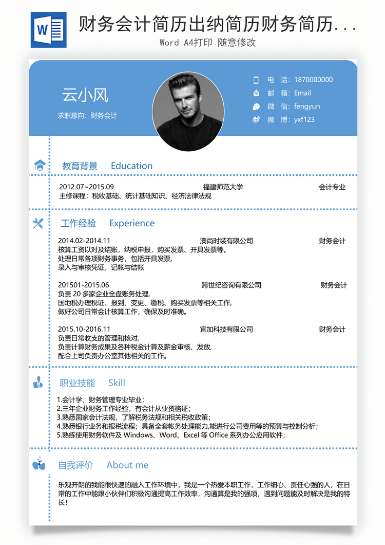 财务会计简历出纳简历财务简历会计简历Word模板